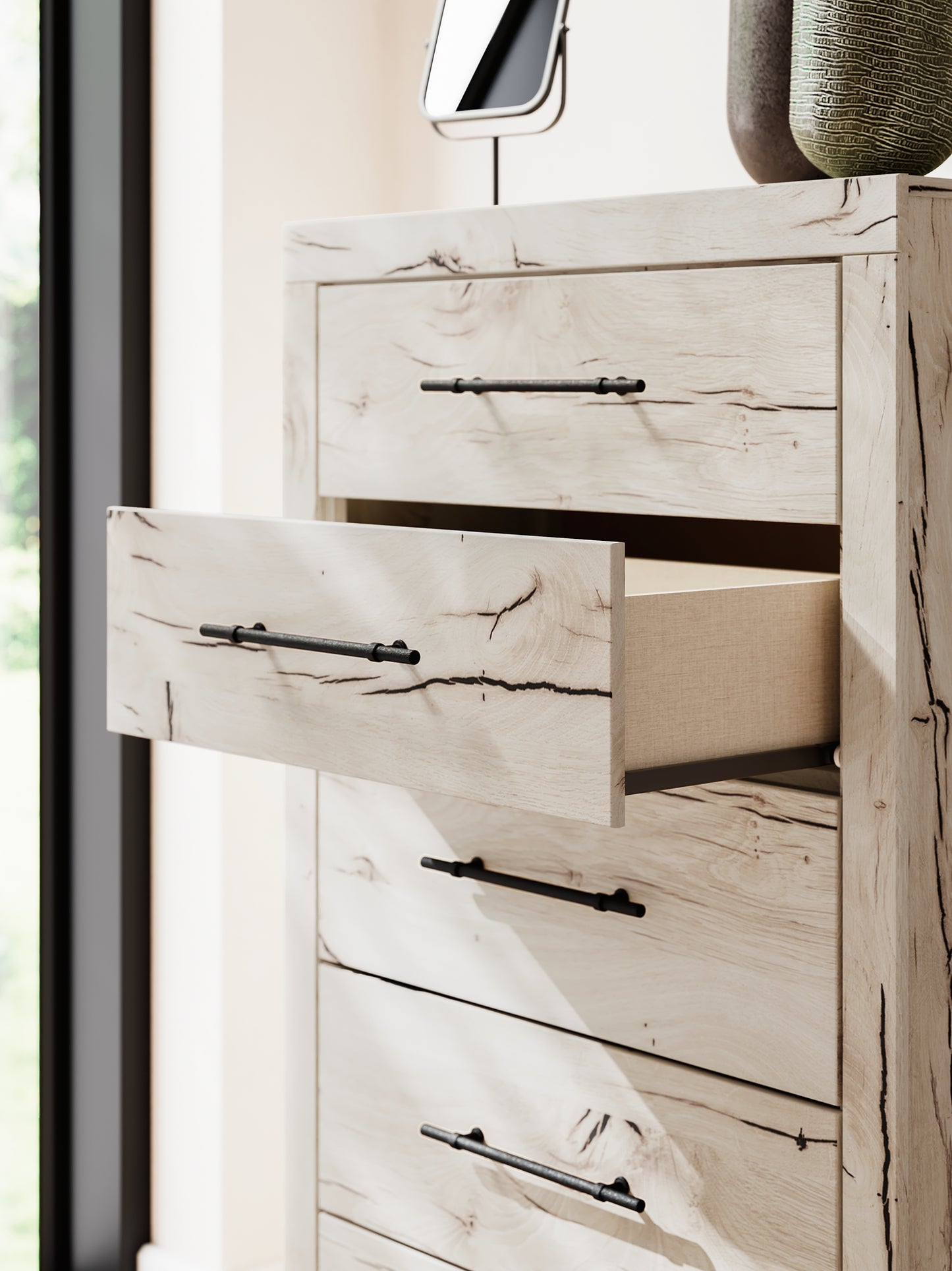 Queen Panel Headboard with Mirrored Dresser and Chest