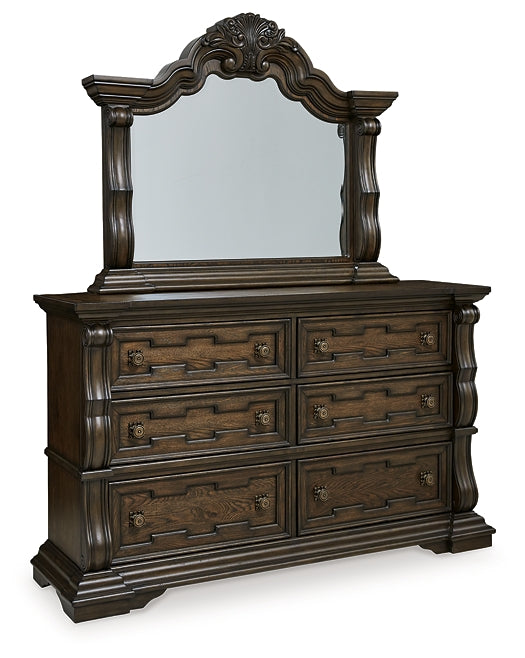 Maylee King Upholstered Bed with Mirrored Dresser, Chest and Nightstand