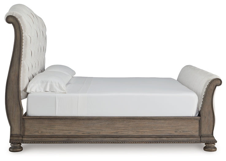 Ardenfield King Upholstered Sleigh Bed with Mirrored Dresser