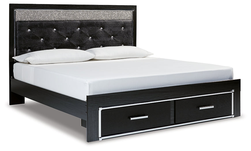 Kaydell King Upholstered Panel Storage Platform Bed with Mirrored Dresser, Chest and Nightstand