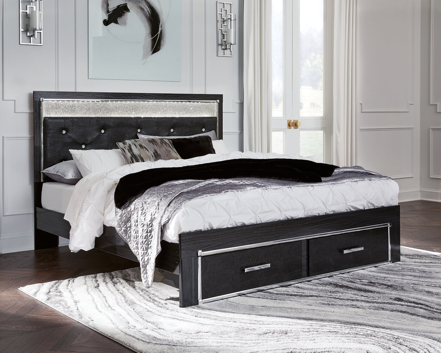 Kaydell King Upholstered Panel Storage Platform Bed with Mirrored Dresser and Chest