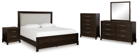 Neymorton King Upholstered Panel Bed with Mirrored Dresser, Chest and Nightstand
