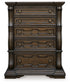 Maylee California King Upholstered Bed with Mirrored Dresser and Chest