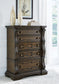Maylee California King Upholstered Bed with Mirrored Dresser and Chest